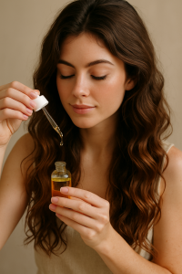 "Hairoiling für Anfänger: Frau trägt Haaröl auf die Spitzen auf"