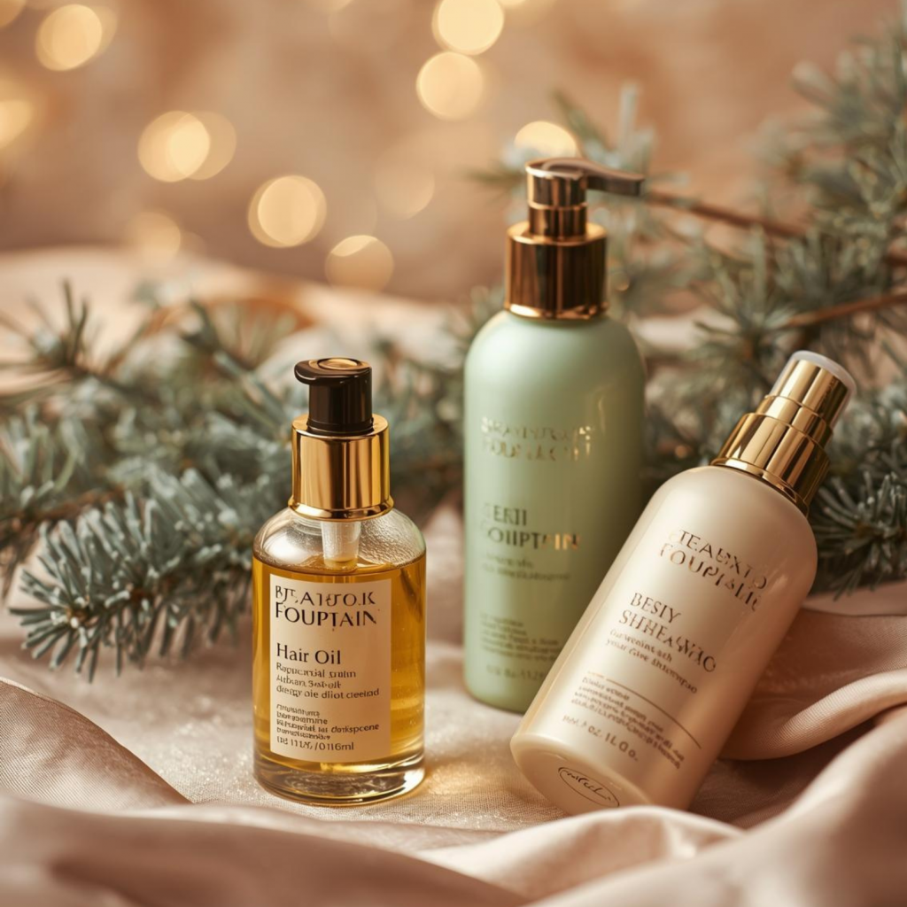 Beitragsbild zu Weihnachtsgeschenk Haarpflege: Elegantes weihnachtliches Beauty-Flatlay mit luxuriösen Haarpflegeprodukten und warmen Lichterakzenten.